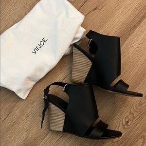 Vince Black and Tan Wedge Sandals